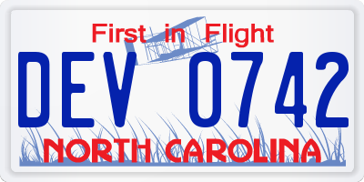 NC license plate DEV0742
