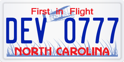 NC license plate DEV0777