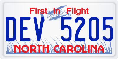 NC license plate DEV5205