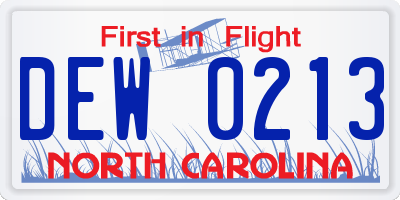 NC license plate DEW0213