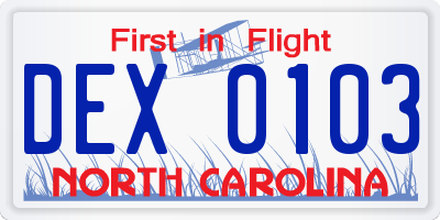 NC license plate DEX0103