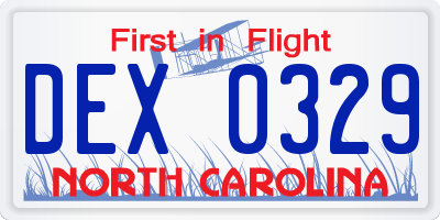 NC license plate DEX0329