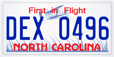 NC license plate DEX0496