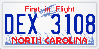 NC license plate DEX3108