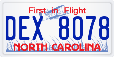 NC license plate DEX8078