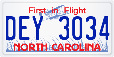 NC license plate DEY3034