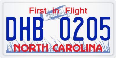 NC license plate DHB0205