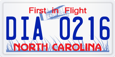NC license plate DIA0216