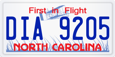 NC license plate DIA9205