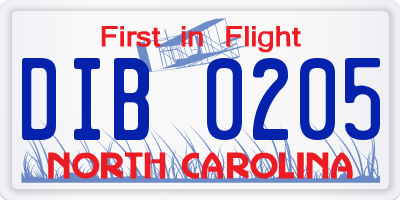 NC license plate DIB0205