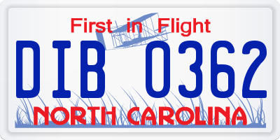 NC license plate DIB0362