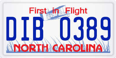 NC license plate DIB0389
