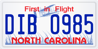 NC license plate DIB0985