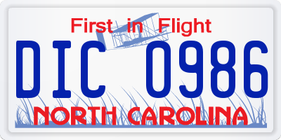 NC license plate DIC0986