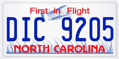 NC license plate DIC9205