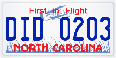 NC license plate DID0203