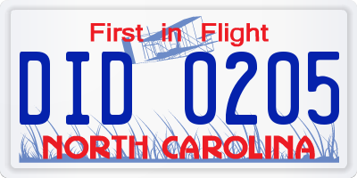 NC license plate DID0205