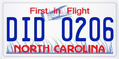 NC license plate DID0206