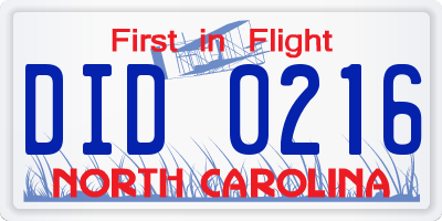 NC license plate DID0216