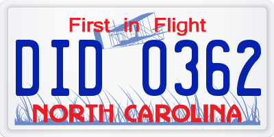 NC license plate DID0362