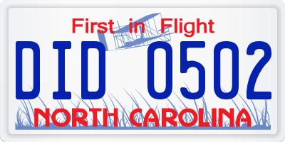 NC license plate DID0502