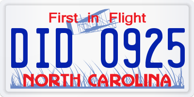 NC license plate DID0925