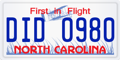 NC license plate DID0980