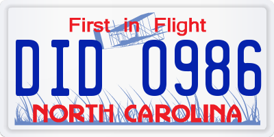 NC license plate DID0986
