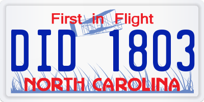 NC license plate DID1803
