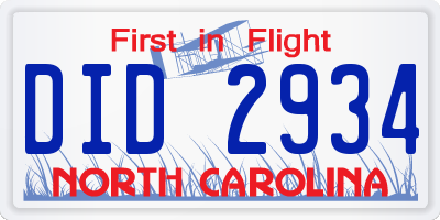 NC license plate DID2934