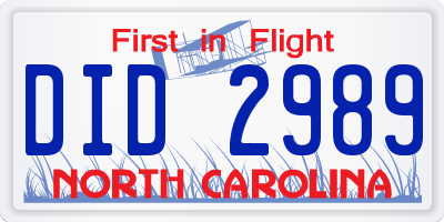 NC license plate DID2989