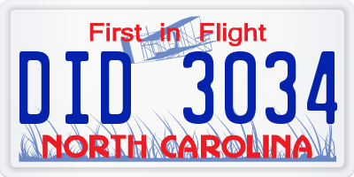 NC license plate DID3034