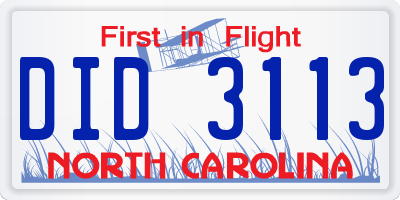 NC license plate DID3113