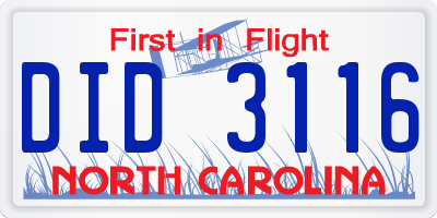 NC license plate DID3116