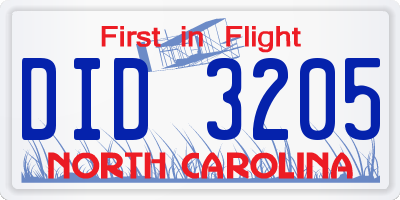 NC license plate DID3205
