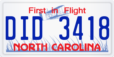 NC license plate DID3418