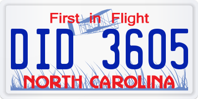 NC license plate DID3605