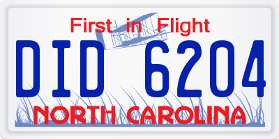 NC license plate DID6204