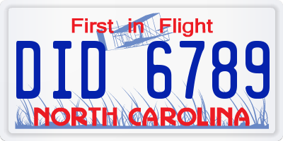 NC license plate DID6789