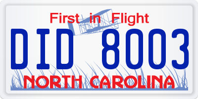 NC license plate DID8003