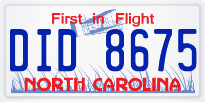 NC license plate DID8675