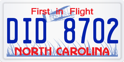 NC license plate DID8702