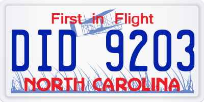 NC license plate DID9203