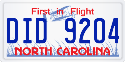 NC license plate DID9204