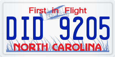NC license plate DID9205