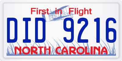 NC license plate DID9216