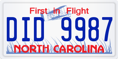 NC license plate DID9987