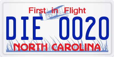NC license plate DIE0020