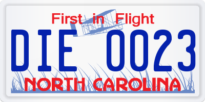 NC license plate DIE0023