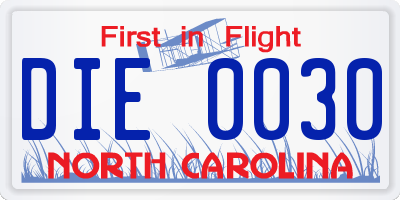 NC license plate DIE0030